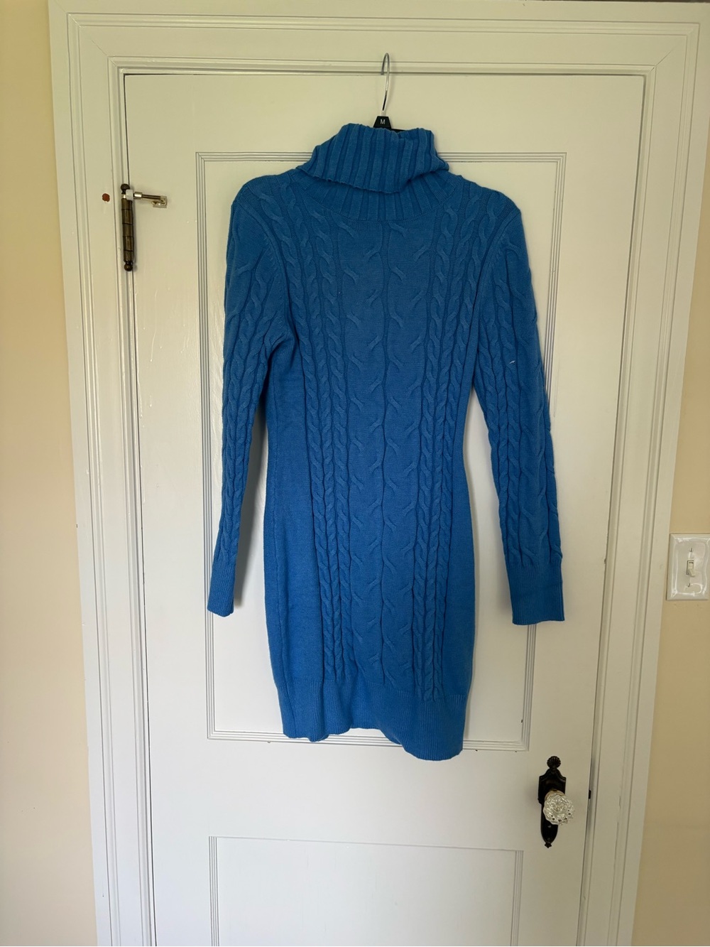 Blue Cable Knit Turtleneck Sweater Dress